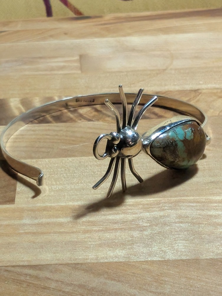 Native American Spider Spiderweb Turquoise Sterling Silver Bangle Bracelet