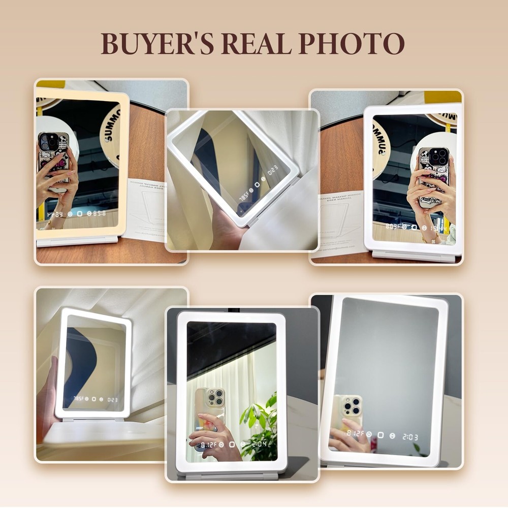 Travel Makeup Mirror with Time & Temperature Display, 2000mAh Rechargeable Ba...