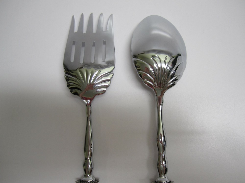 2 Saints Silver Serving Salad Fork & Spoon Set Ornate Black & Crystal Handles