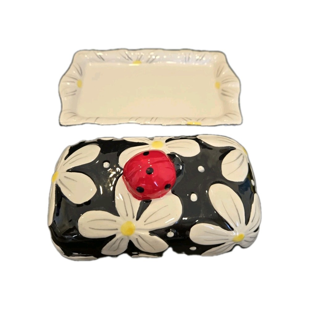 New Ceramic Summer Spring Ladybug On Daisy Flower Kitchen Butter Dish
