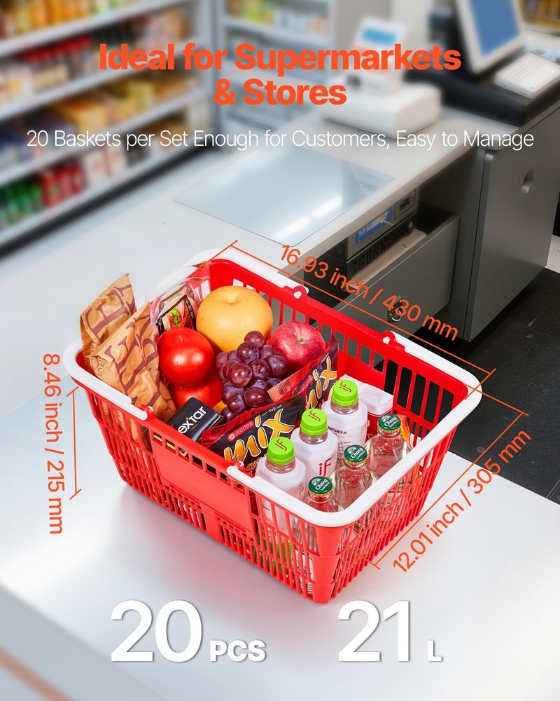 Shopping Baskets, 20 PCS, 21L Stackable PE Plastic Grocery Baskets with Handles,