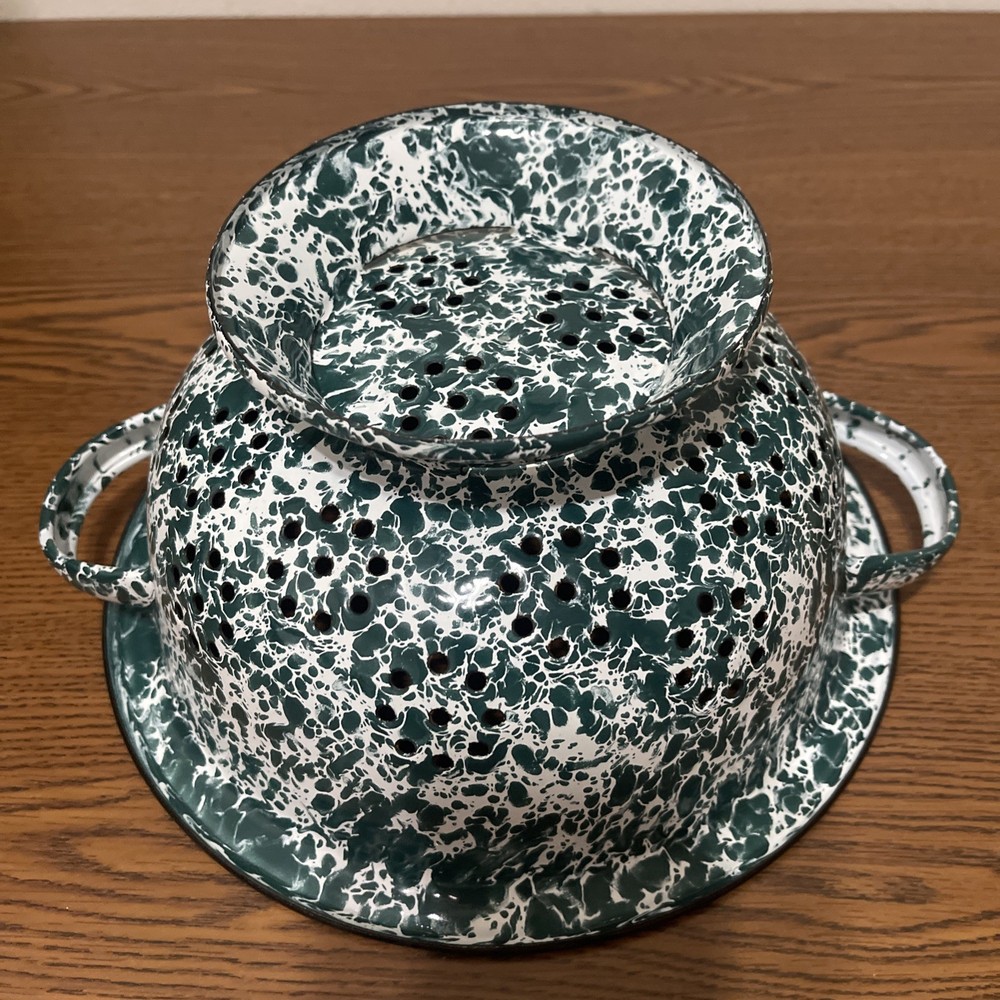 Enamel Colander Dark Green & White 9.5 inches Kitchen Strainer