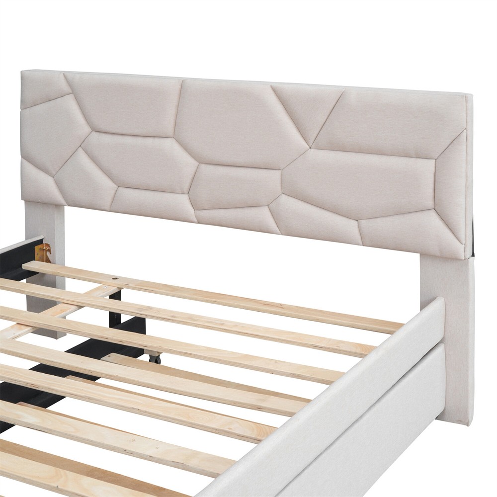 Full/Queen Size Bed Frame Upholstered Platform Bed w/ Headboard Beige/Gray