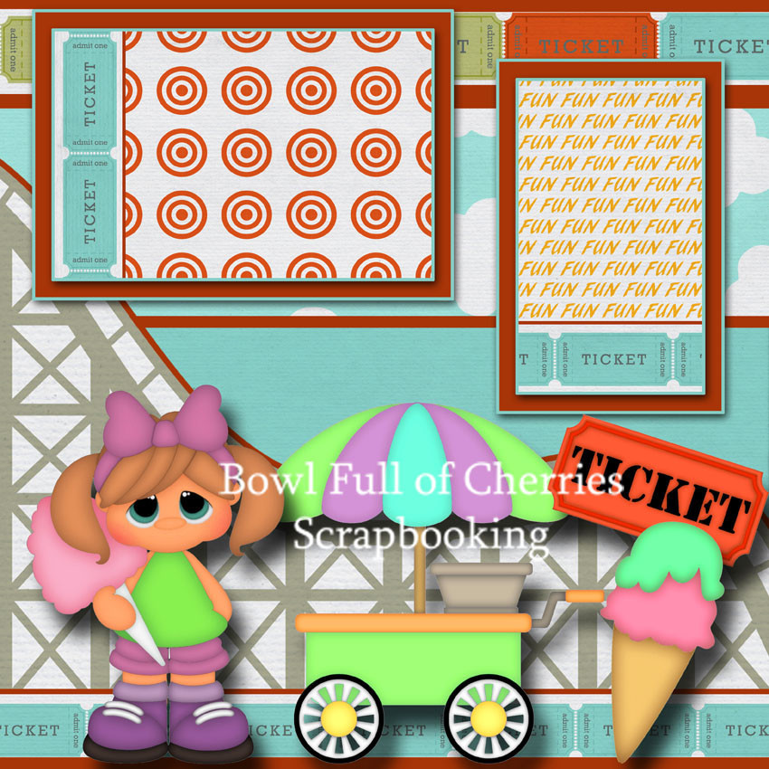 TICKET 2 FUN ~ 2 premade scrapbook pages paper piecing layout VACATION ~ CHERRY