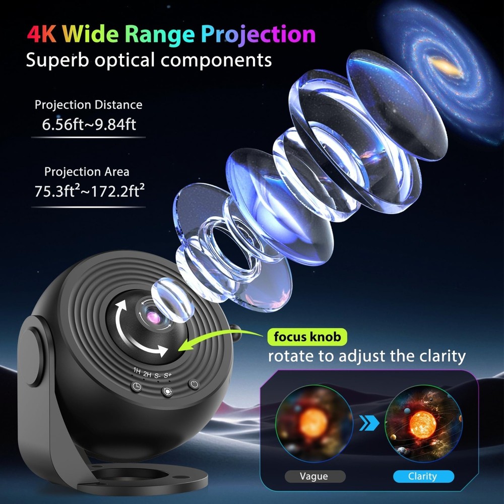 Galaxy Projector for Bedroom, , 360° Rotating 1/2h Timer Simple 3-Button Control