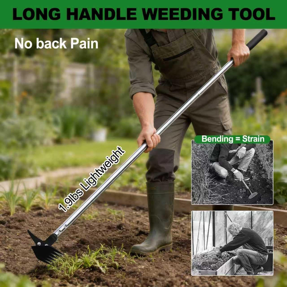 Weed Puller 61" Adjustable Long Handle, 2-In-1 Weed Rake & Crack Weeder with Det