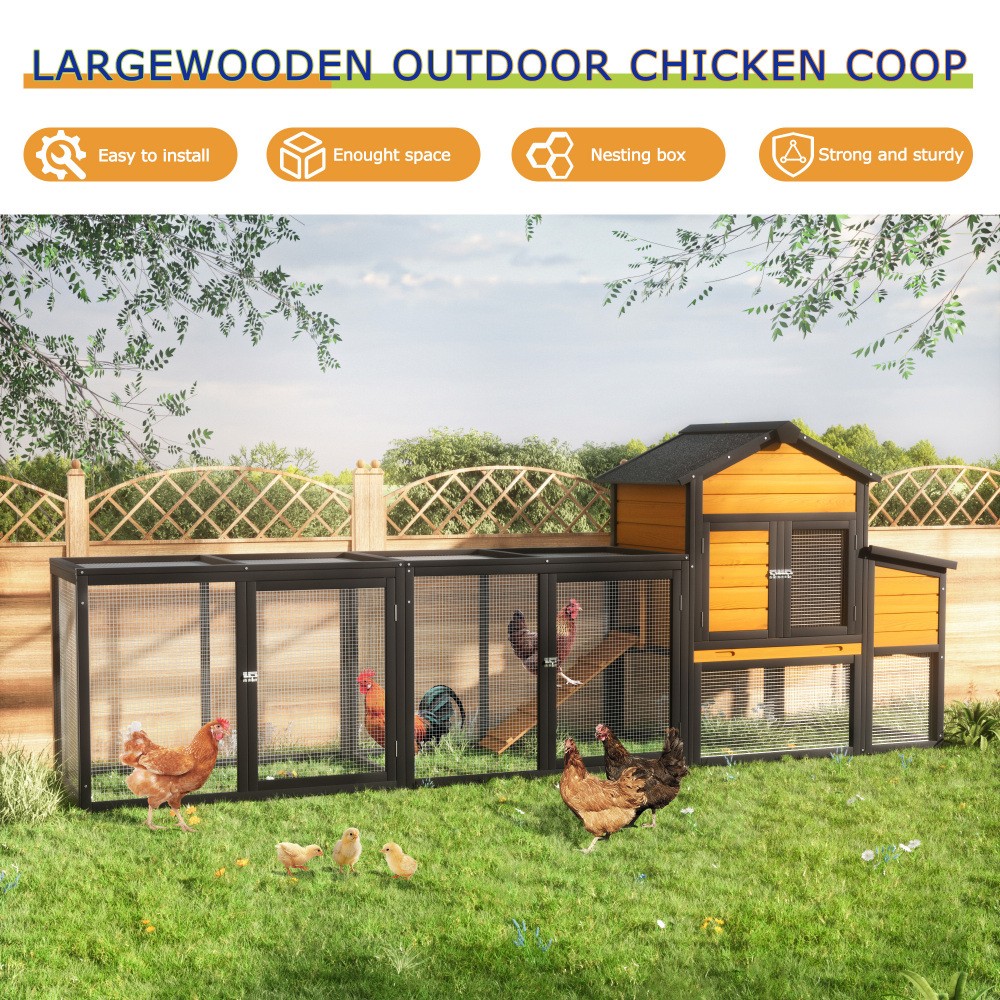 Chicken Coop w/ Run for 2-4 Chickens, 7 Doors, Pull-Out Tray, Nesting Box & Ramp
