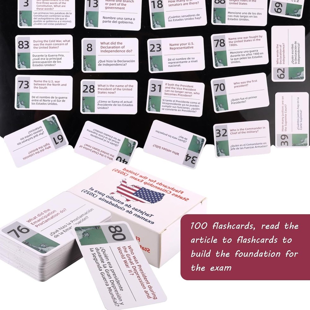 US Citizenship Flash Cards 2025, Naturalization Study Guide English Spanish Test