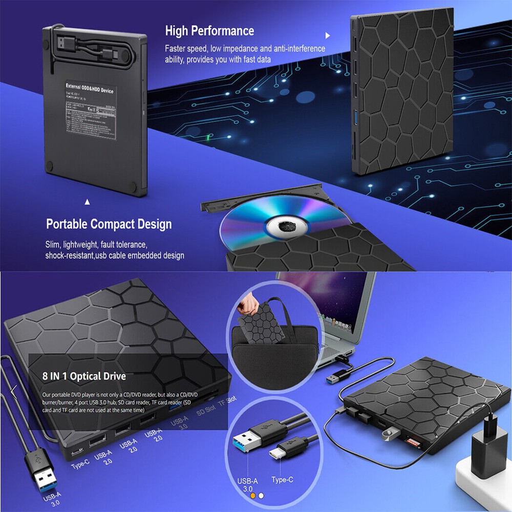 Slim External CD DVD Drive USB 3.0 Disc Player Burner Writer For Laptop Mac PC