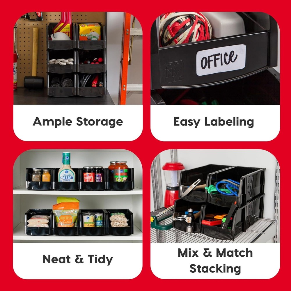 IRIS USA 6 Pack Stackable Plastic Storage Bins Organizer, Garage, Jumbo, Black