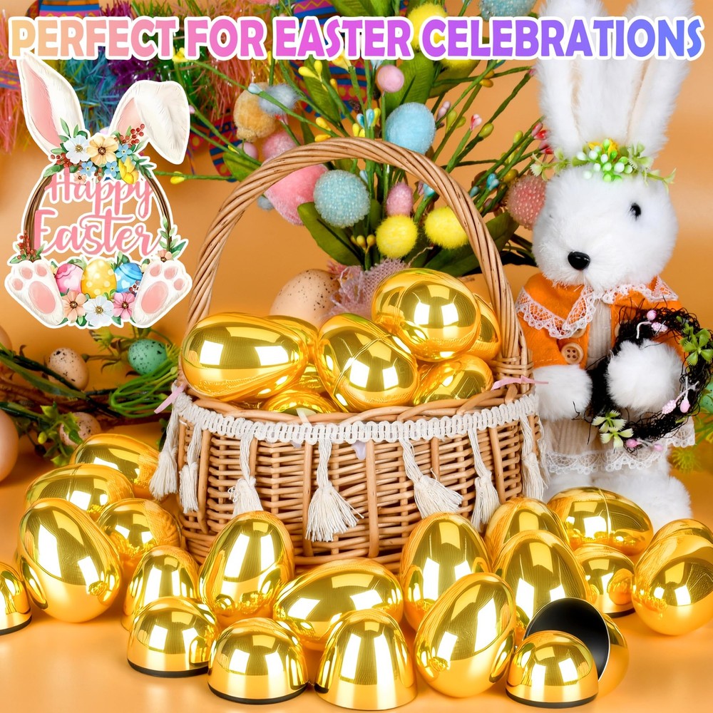 72 Pcs 2.3″ Golden Metallic Easter Eggs, Reusable Shiny Plastic Empty Fillabl...