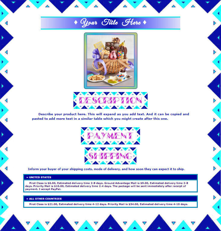 AUCTION TEMPLATE Triangular Border Design Blue Turquoise - FREE Email Shipping