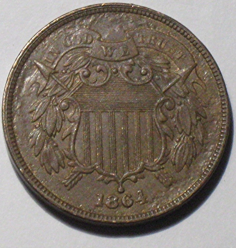 1864 Two Cent Coin Error Rotated Die