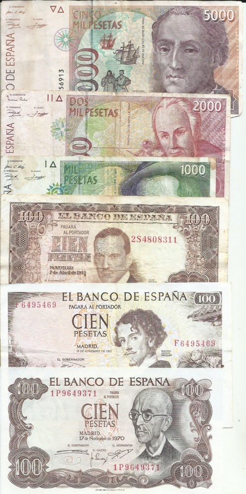 SPAIN LOT 8300 PESETAS. 6 DIFFERENT NOTES. BARGAIN. 4RW 20FEB