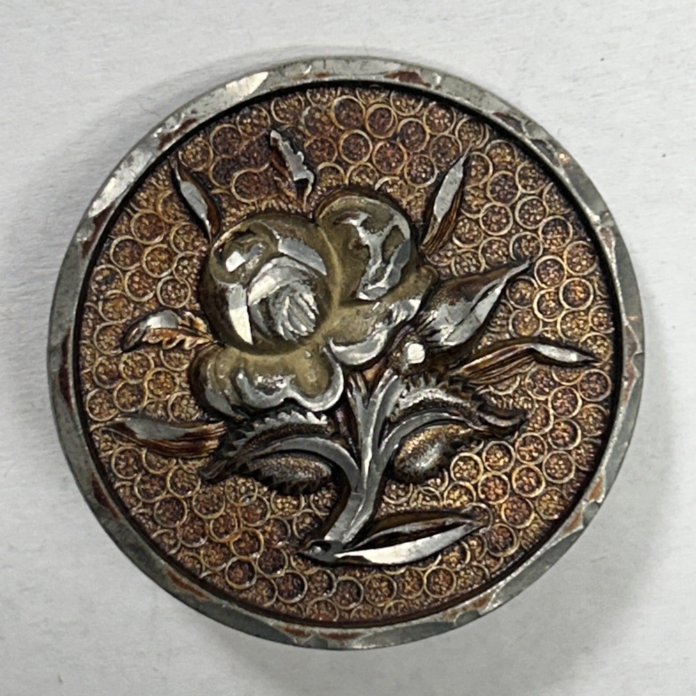 Antique Decorative Metal Button Repousse Flower With Circular Design Background