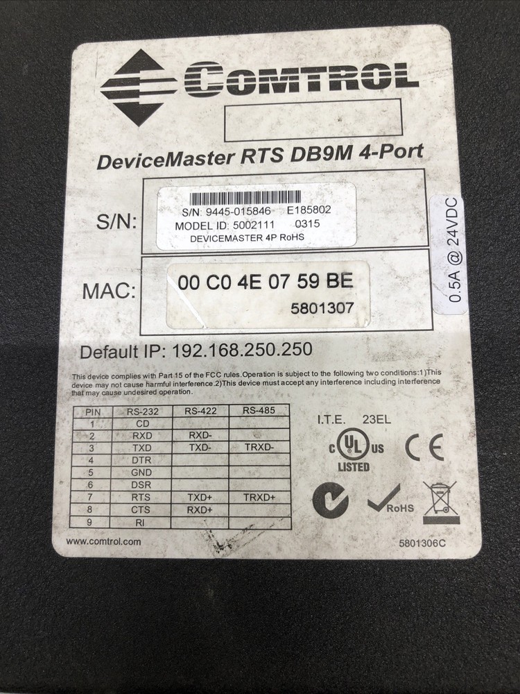 Comtrol DeviceMaster DB9M 4-Port Serial Hub POWERS ON - PLEASE READ DESCRIPTION