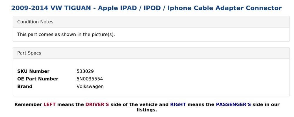 2009-2014 VW TIGUAN - Apple IPAD / IPOD / Iphone Cable Adapter Connector