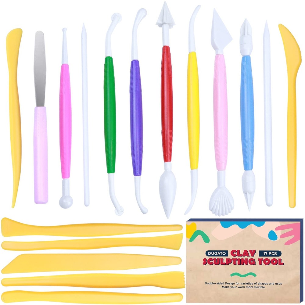 DUGATO Clay Sculpting Tools (17pc Set) - Double-Sided Plastic Modeling Kit fo...