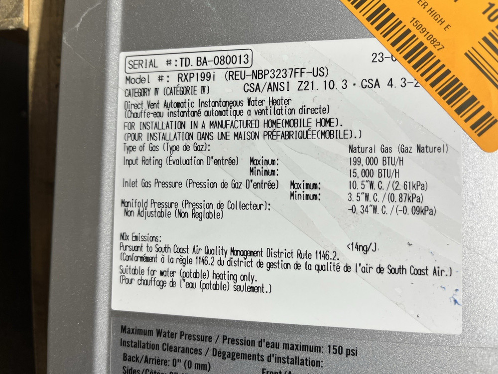 Rinnai RXP199iN Tankless Water Heater 199k BTU Natural/Propane Gas (B-26 #1674)