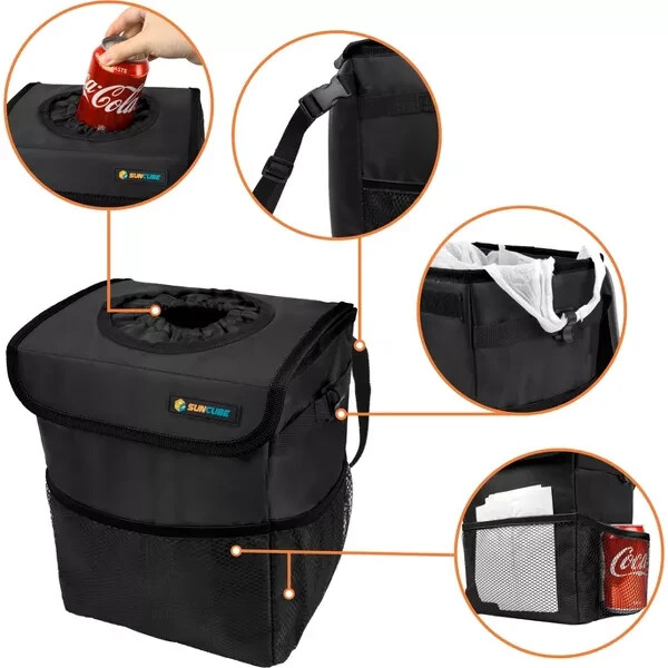 SUN CUBE Car Trash Can - Mesh Pockets, Elastic Opening - Waterproof & Leakproof