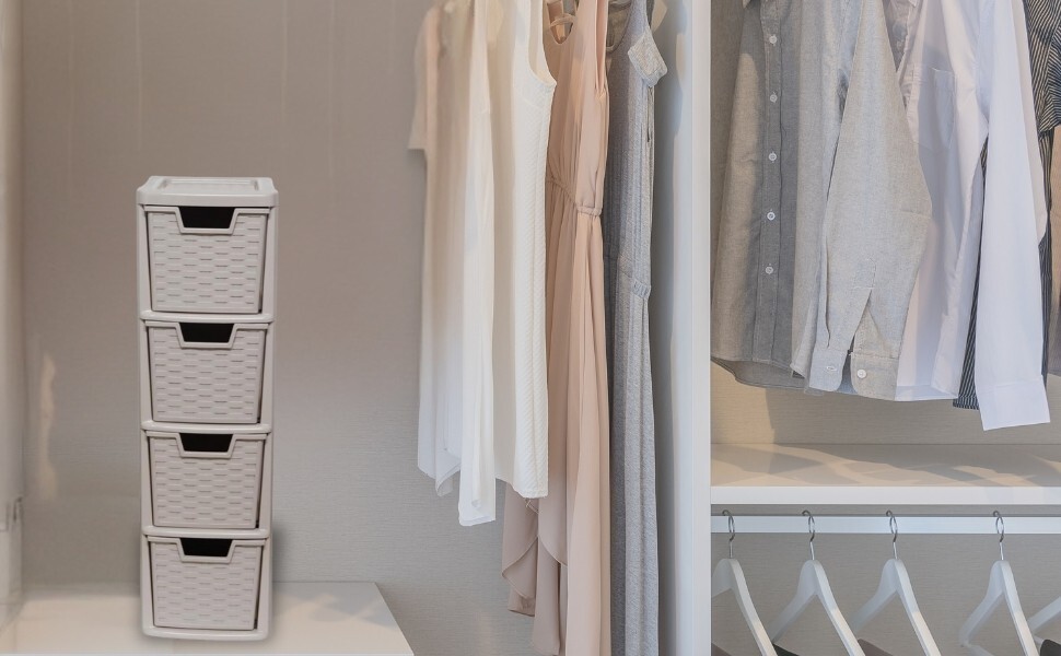 4 Tier Medium Drawers Storage Unit Plastic Chest Tower A5 Size Desktop Organizer