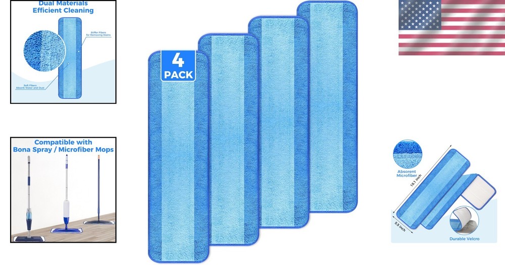 4-Pack Washable Microfiber Mop Pad Refills for Bona - 18-Inch Cleaning Solution