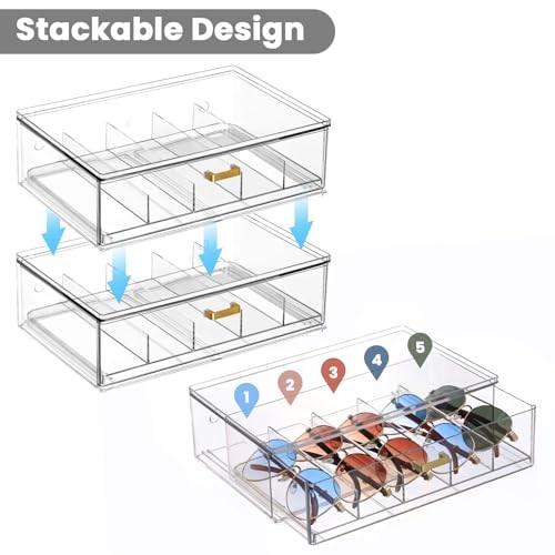 Clear Acrylic Sunglasses Organizer, Stackable Eyewear Storage with Gold 3 Pack