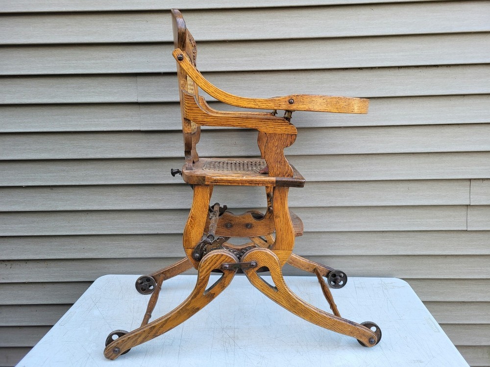 Antique Oak Folding High Chair Rocker Stroller Combination c1900