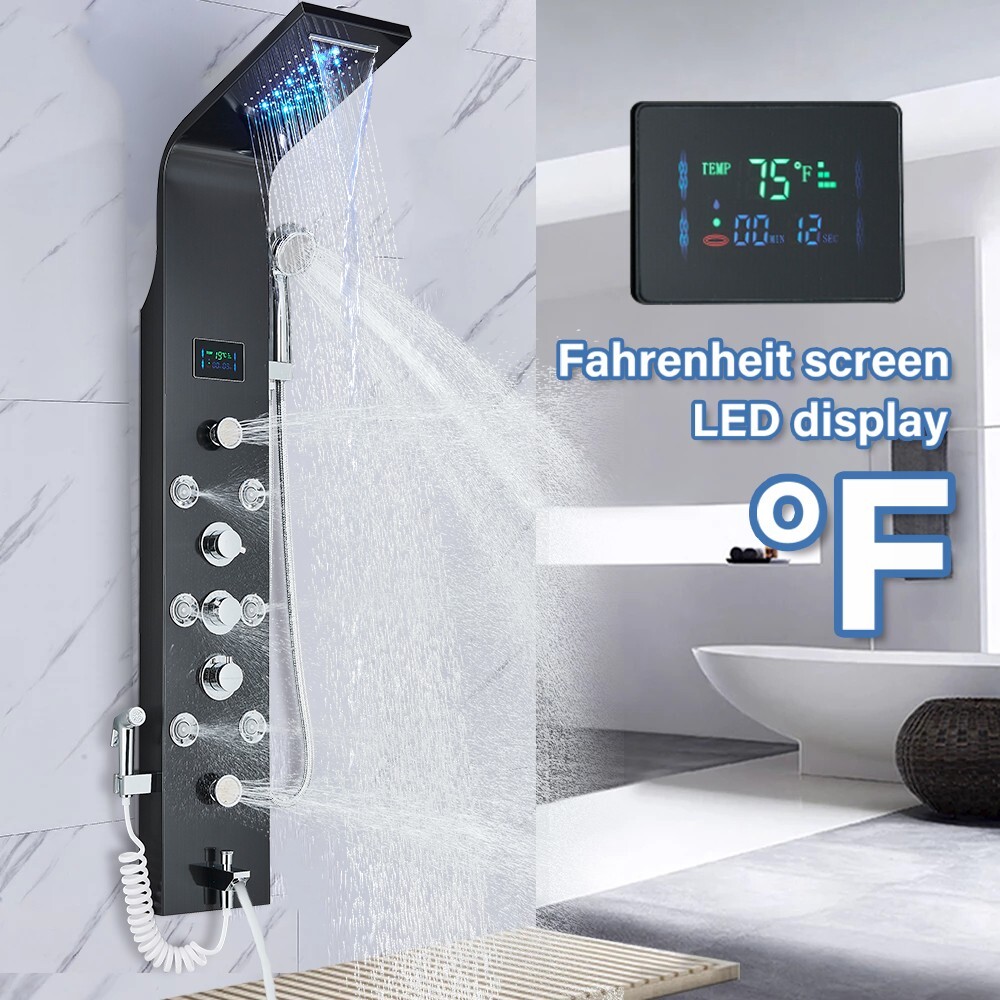 LED Shower Panel Tower System 6Fcuntion Rainfall Head Massage Body Jet Stainless
