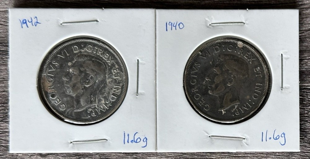 1940 & 1942 Canada 50 Cent Coins. Both Authentic & Circulated.  .800 Silver