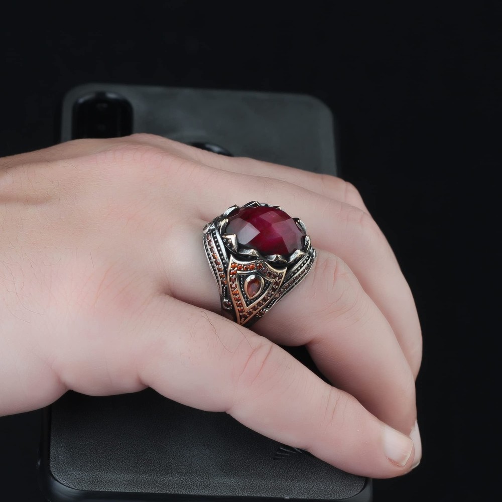 Ruby Stone Men Silver Ring, 925 Sterling Silver Ruby Gemstone Ring, Handmade