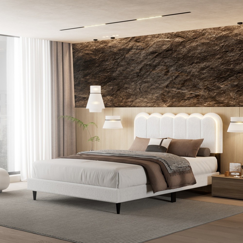 Full/Queen Size Platform Bed Frame w/ Upholstered Headboard & LED Light White