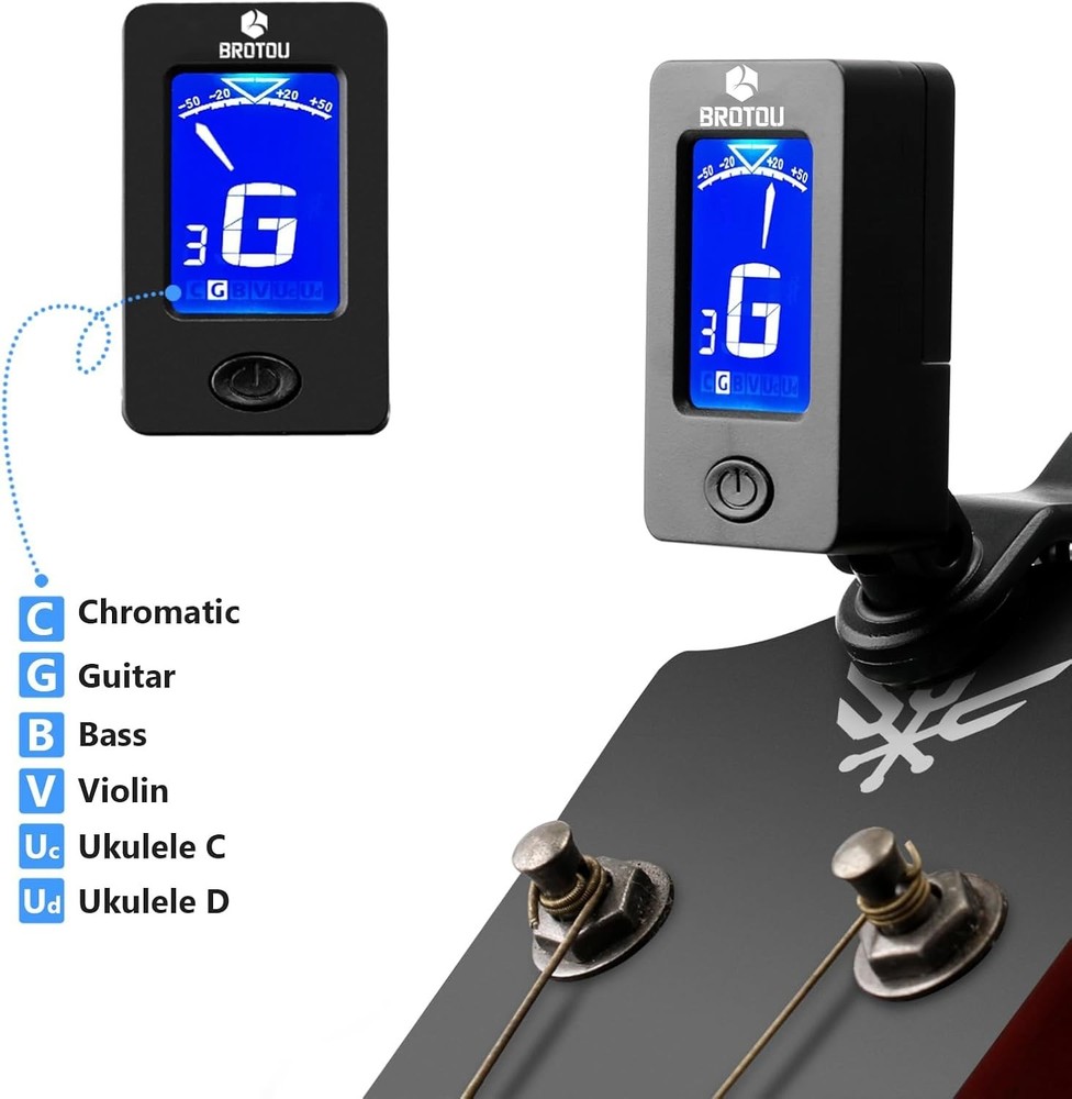 Compact Clip-On Guitar Tuner with Backlit LCD and Automatic Shut-Off Feature