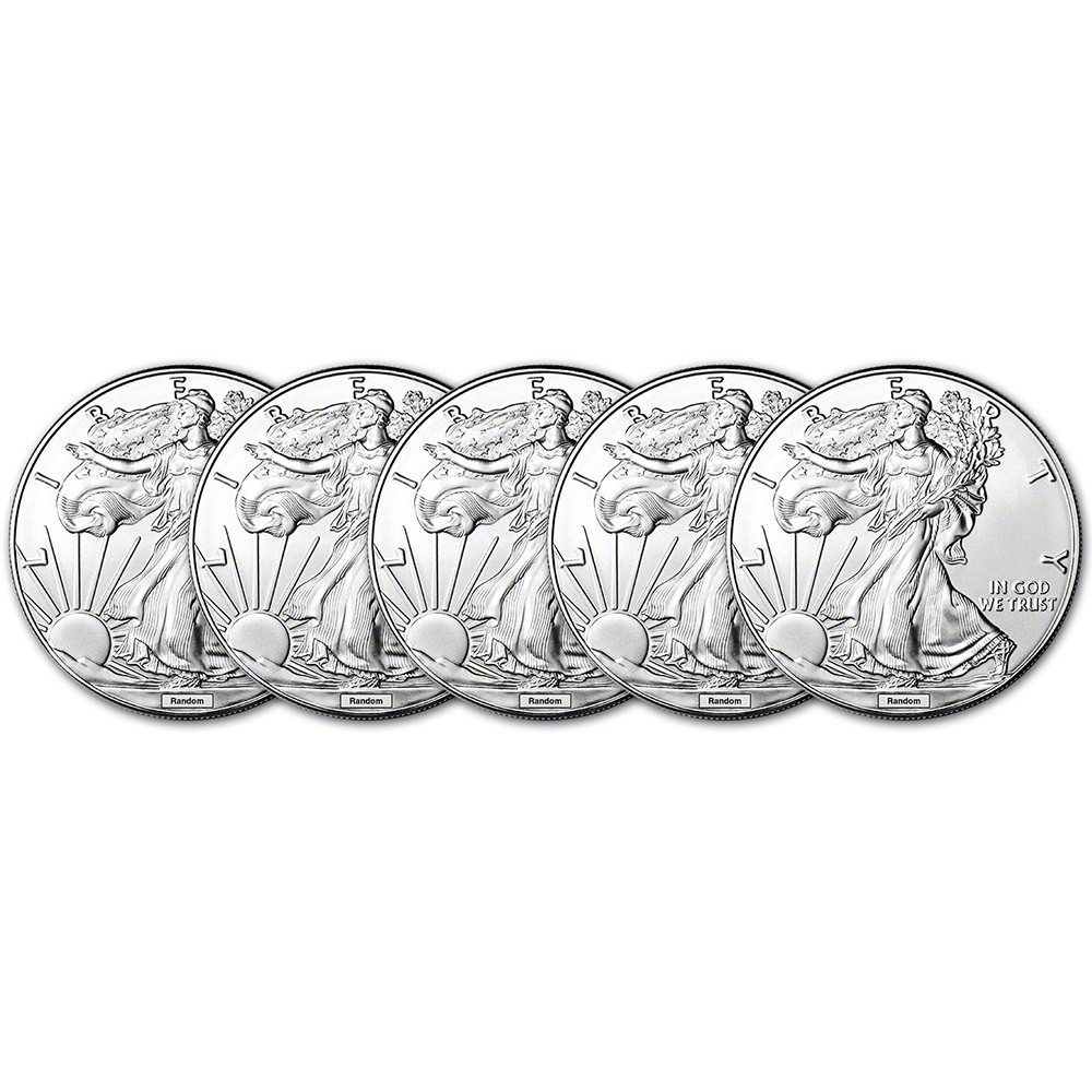 Random Date American Silver Eagle (1 oz) $1 - BU - Five 5 Coins