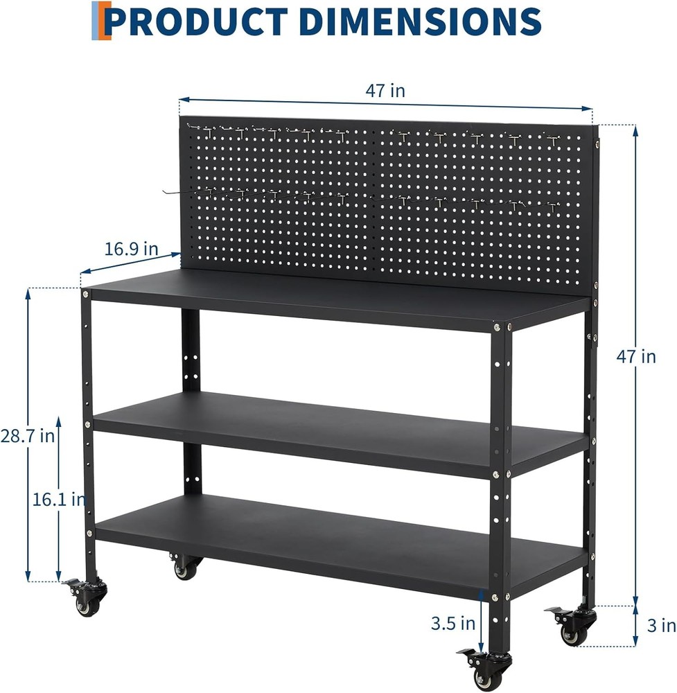 Metal Tool Work Table Adjustable Heavy Duty Bench Pegboard Garage Workstation