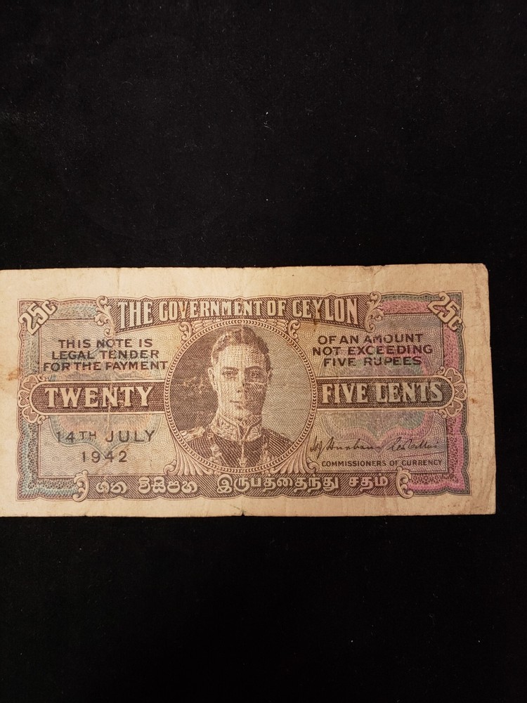 1942 British Ceylon 25 Cent Note P44a King George VI