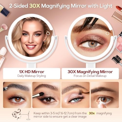 Makeup Mirror with Lights, Lighted Magnifying Mirror 30X with 3 Lighting White