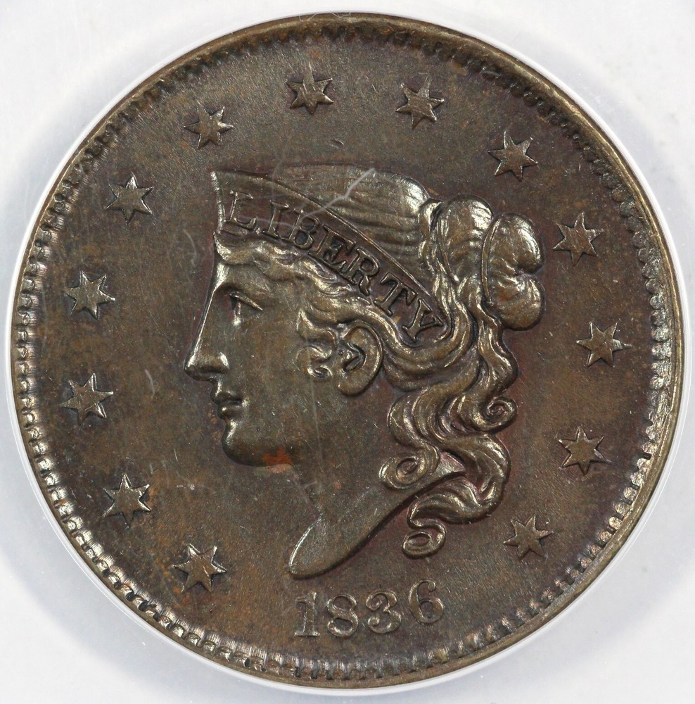 1836 1c Matron Head Large Cent ANACS MS 62 BN