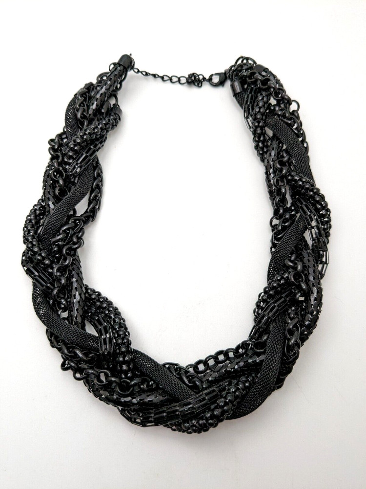 Unsigned Braided Statement Necklace six Black mesh chains 17"+3" extension