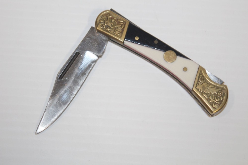 Vintage Folding Deer Hunt Knife Lockback Brass Embossed Black & White Handle