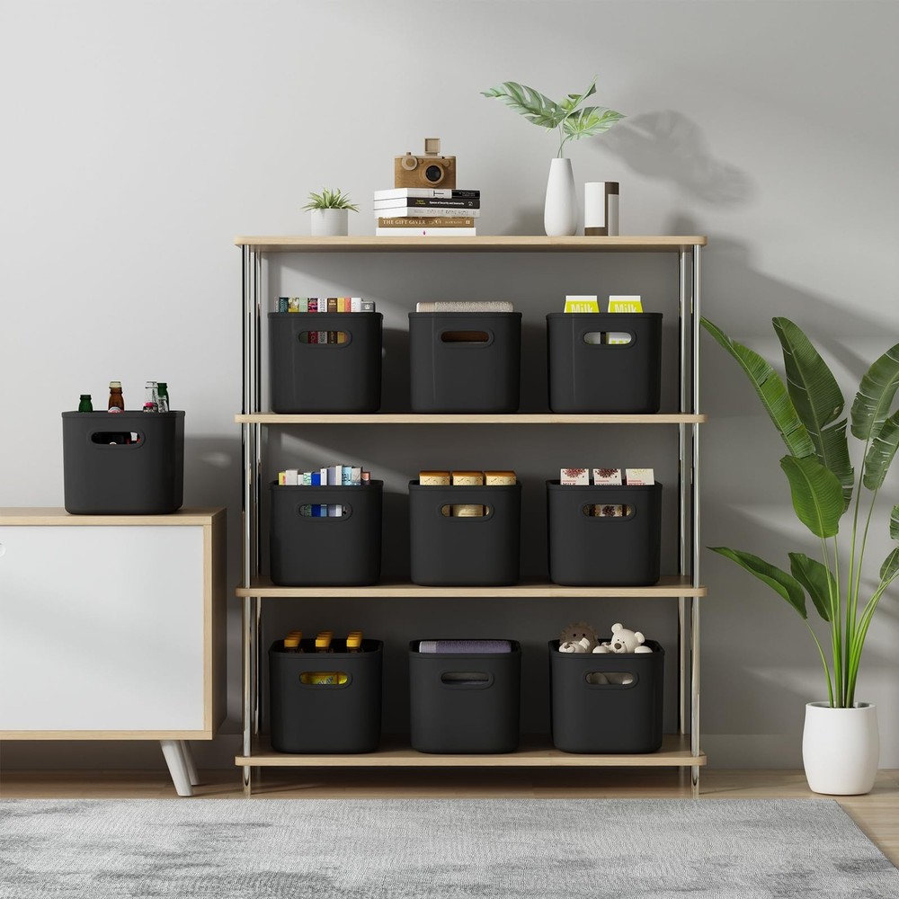 8 Pack Black Storage Bins with Lids Stackable Storage Container for Organizin...