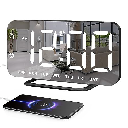 Slim LED Digital Alarm Clock, Mirror Surface for Makeup, with Diming, Black