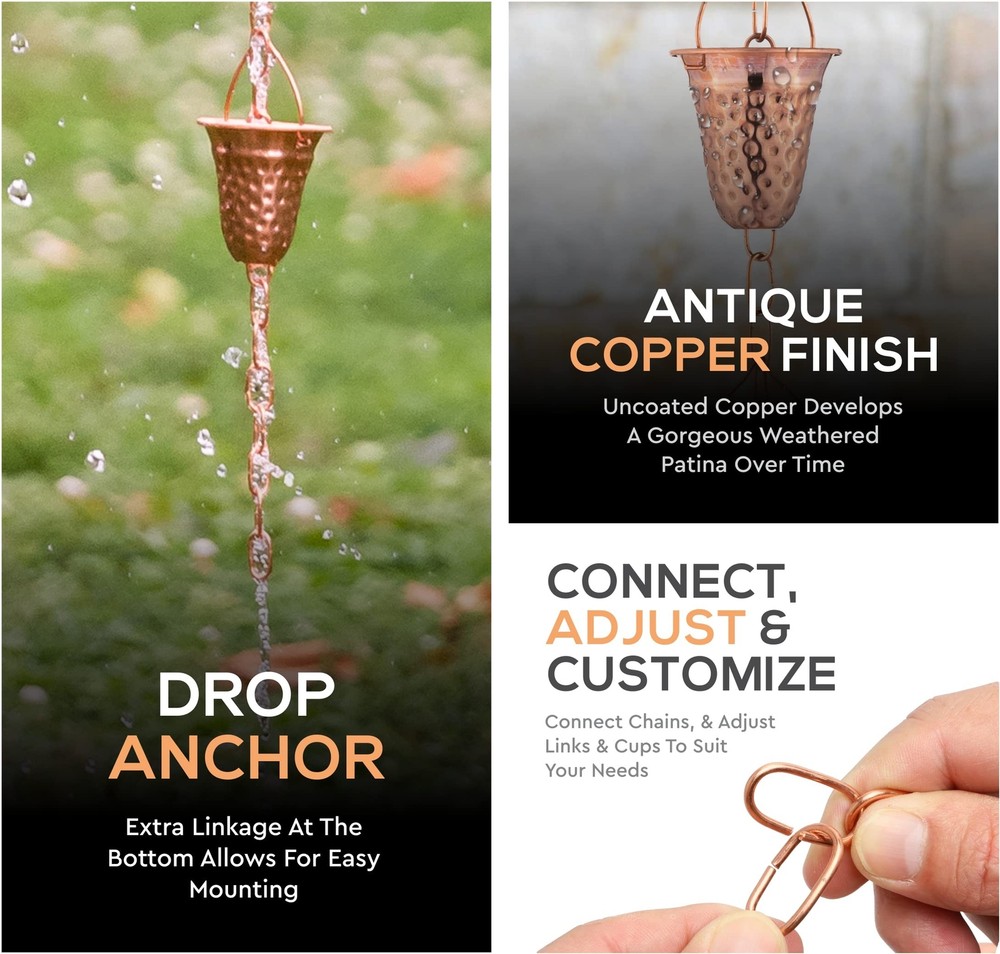 Copper Hammered Rain Chain – Decorative Chimes & Cups Replace Gutter Downspou...