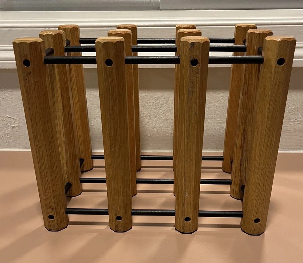 Wine Rack Solid Oak.Mid Century Modern. 6 Bottle Rack with Black Pins