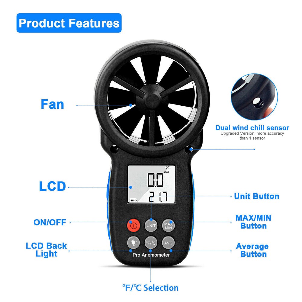 Digital Handheld Wind Speed Meter Anemometer Bluetooth Wind Chill Gauge