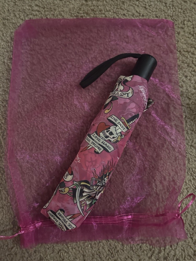 Ed Hardy Compact Automatic Pink Skull Tattoo Umbrella for Women, Polyester