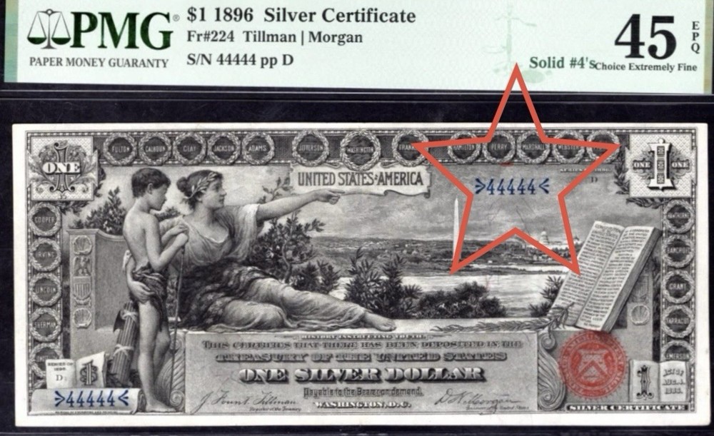 1896 $1 🇺🇸 EXAMPLE ( Silver Certificate Educational Note) Solid Number 4’s EPQ