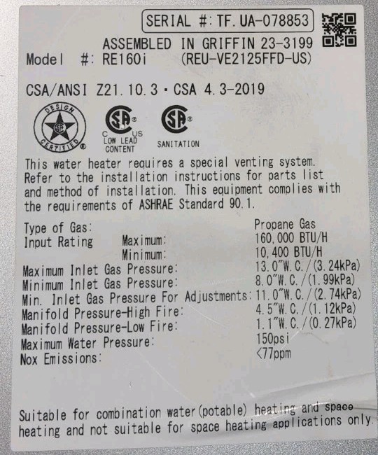 Rinnai RE160IP Internal Tankless Water Heater 160k Btu 6.6 gpm max PROPANE