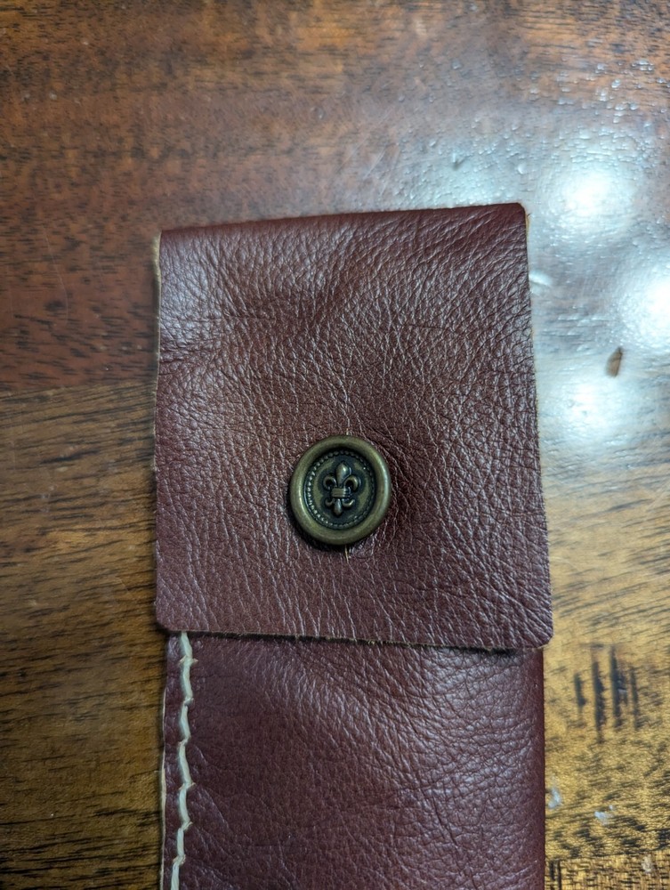 Handmade Brown Thin Leather Pen Bag With Fleur-De-Lis Button