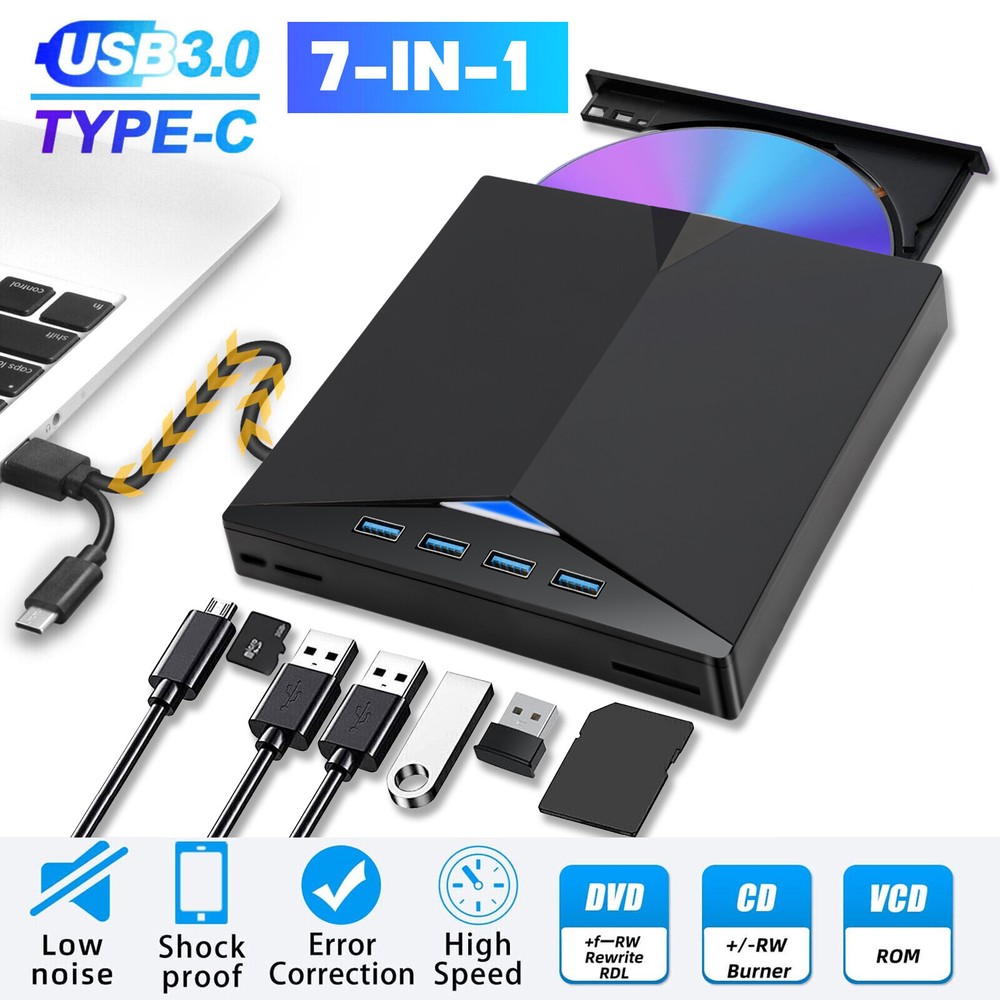 USB 3.0 External CD DVD Writer Drive Burner Reader Player for Windows 7/8/10/11
